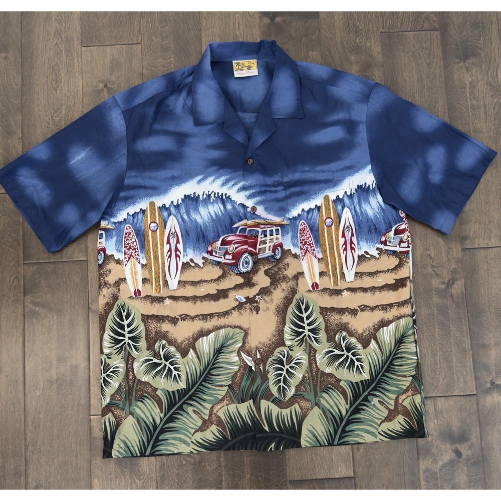 Winnie Fashion Mens Hawaiian Shirt Size XL Car Surfboards Beach Tropical VTG 90s